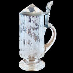 Antique German Bohemian Engraved Hunting Dogs Glass Lidded Tankard Stein Mug 9"H